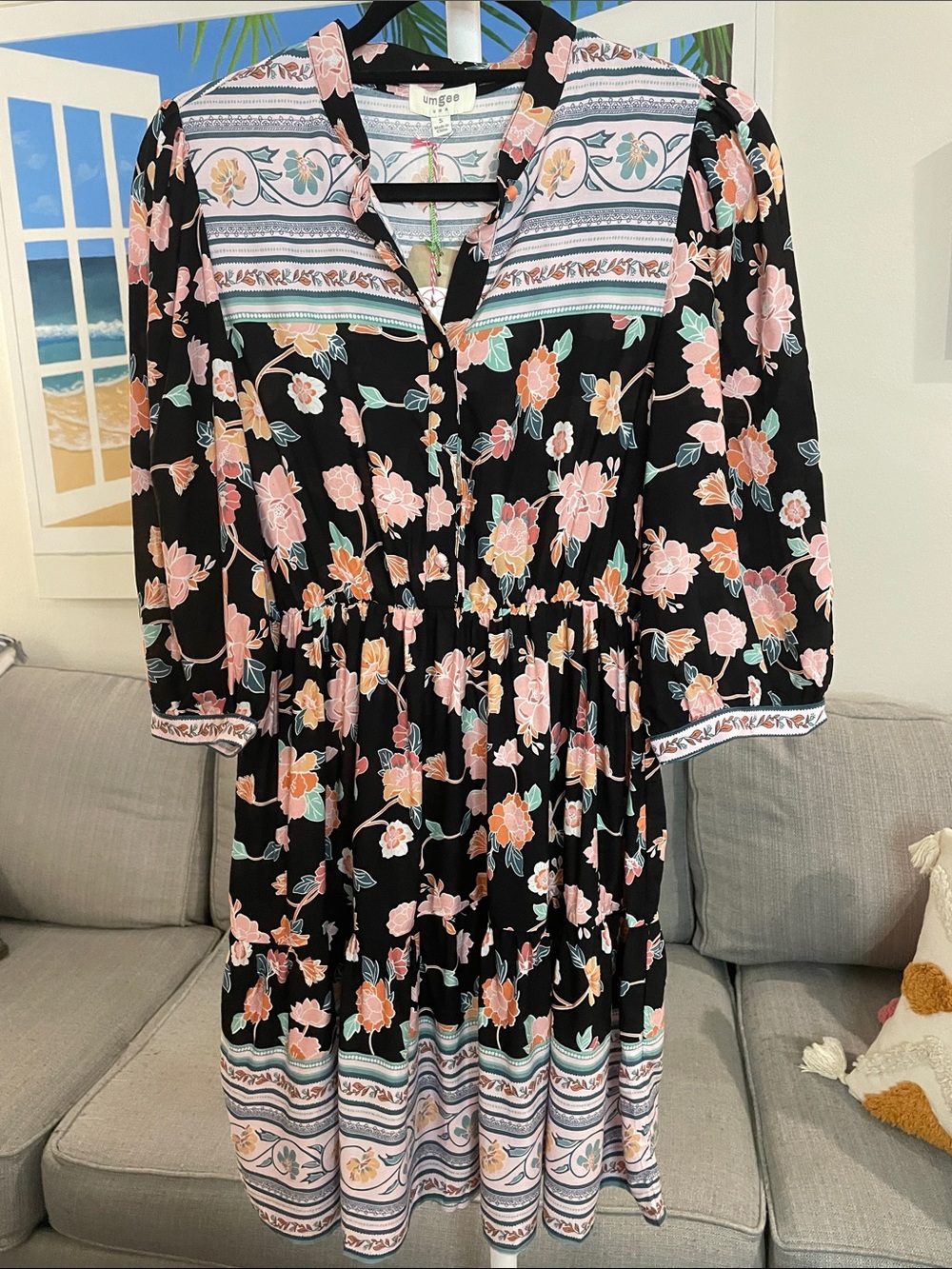 Floral Black Pink Boho Midi Dress